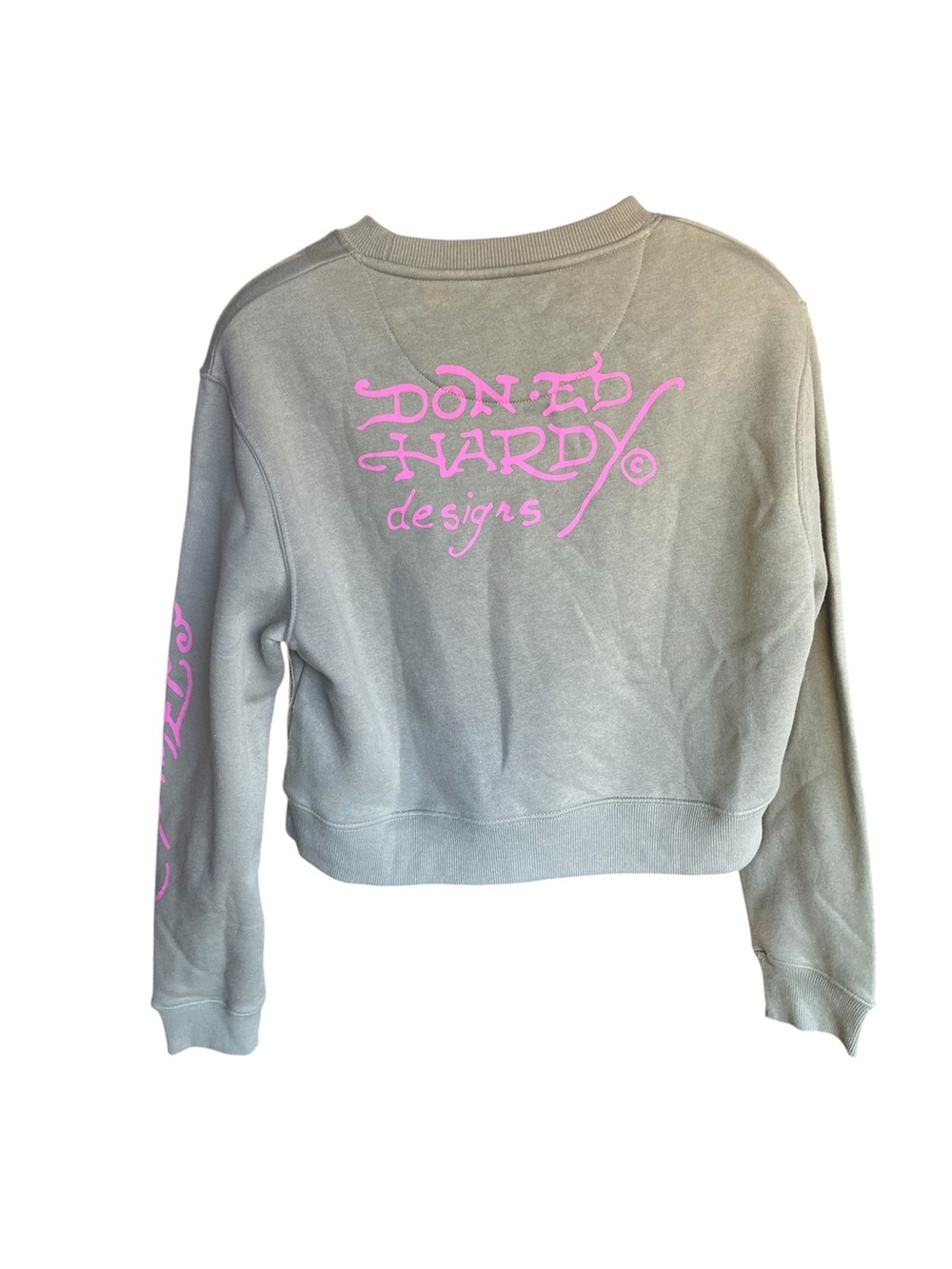 Ed Hardy Green Cropped Crewneck Sweatshirt with Pink Graphic Large - Picture 3 of 9